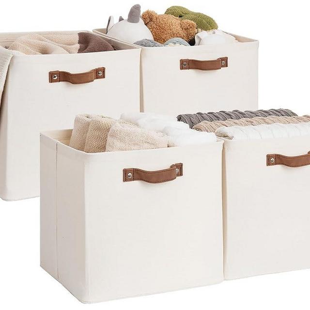 StorageWorks 13x13 Storage Cubes, Collapsible Storage Bins Organizer for Closet, Fabric Storage Box with PU Handles, Beige, 4-Pack
