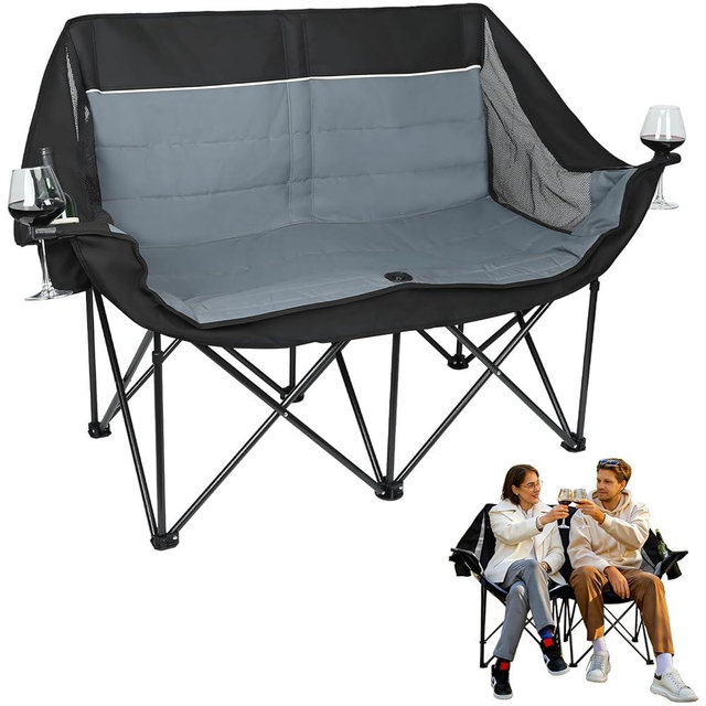 Leadpro Double Camping Chair for Adults - Heavy Duty 700LB Oversized Padded Camping Loveseat, 2 Person Folding Outdoor Chair with Cup Holders for Lawn, Backyard (Grey)