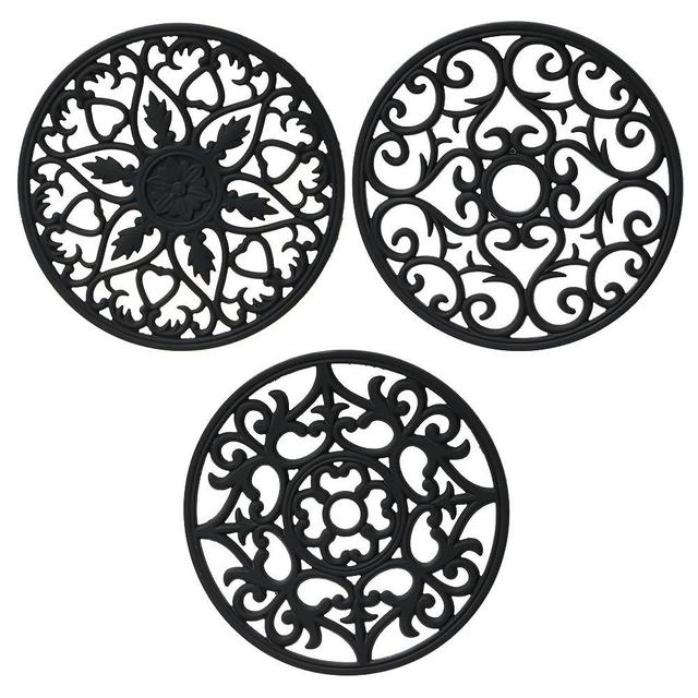Viwehots Silicone Trivets Mats for Hot Pots and Pans, Multi-Use Intricately Carved Hot Pads and Mats, Flexible Modern Kitchen Table Mat, Heat Resistant Round Big Coaster Set of 3 Black