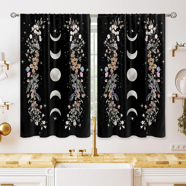 oolygoo Boho Black Floral Small Kitchen Curtains Flower Moon Window Treatment Wildflower Cafe Short Window Curtains for Bathroom Dining Room Witchy Gothic Botanical Tier Treatment Drapes 27.5x39 inch