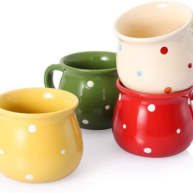 AVLA Ceramic Campfire Coffee Mugs Set of 4, 10 Ounce Porcelain Specialty Coffee Drinks Hot Chocolate Mugs with Handle, Creative Mug Tea Cup Set for Kids Party, Polk Dot, Assorted Color