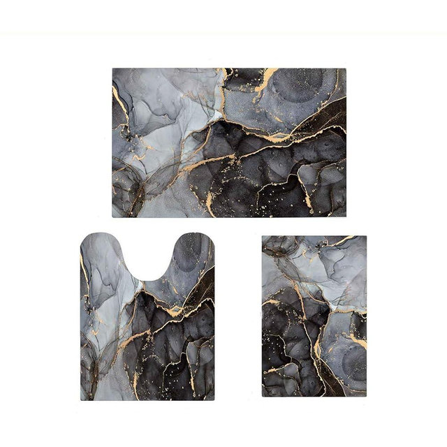 EMMTEEY Bathroom Rugs Sets 3 Piece,Black Gray and Gold Marble Bath Mat Rug,Non-Slip Absorbent Bathroom Floor Mat,Fit Under Door,Easy to Clean,Shower Rug for Shower Sink and Bathtub Accessories