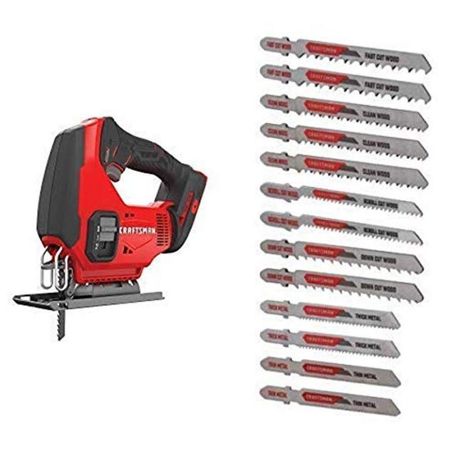 CRAFTSMAN V20 Cordless Jig Saw, Tool Only with Jigsaw Blades, T-Shank Set, 13-Piece (CMCS600B CMAJ1SET13)