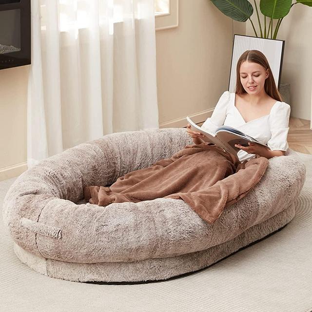 Homguava Large Bean Bag Bed for Humans BeanBag Dog Bed Human-Sized Large Dog Bed for Adults, Pets, 72"x48"x10" Large Size with Plain Color Blanket(Large, Gradient Brown)