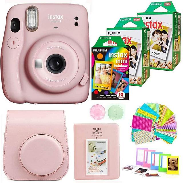Fujifilm Instax Mini 11 Camera with 2X Fuji Instant Film Twin Pack - Fujifilm Instax Mini Rainbow Film Total 50 Shoot+ Case, Album, Stickers, Accessories (Blush Pink)