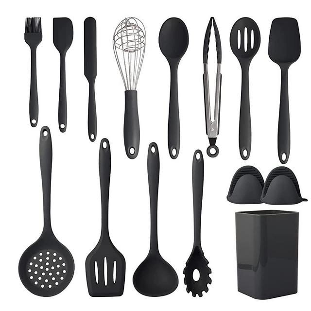 Cooking Utensils Set,Silicone Kitchen Utensil Set 15PCS,Non-Stick Silicone Kitchen Utensils,Heat Resistant 446°F Kitchen Tool Set,kitchen essentials for new home(Non Toxic) Black