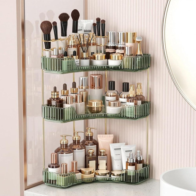 BEFSOP Corner Bathroom Counter Organizer, Upgraded 3-Tier Makeup Organizer Countertop with Makeup Brush Holder, Skincare Exquisite Vanity Organizers Countertop Bathroom Storage Dresser(Green)