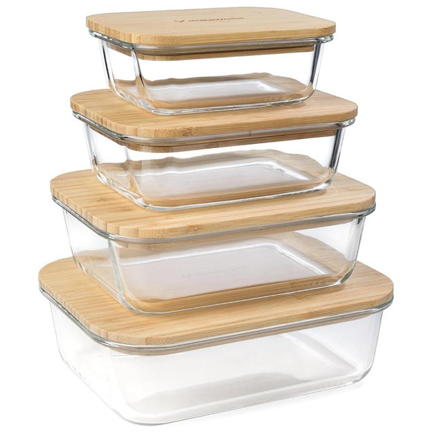 dokaworld Glass Food Storage Containers With Bamboo Lids - Glass Meal Prep Containers - Set of 4 Airtight Stackable Food Storage Kitchen Containers - Eco-Friendly Oven Safe Nesting Lunch Containers