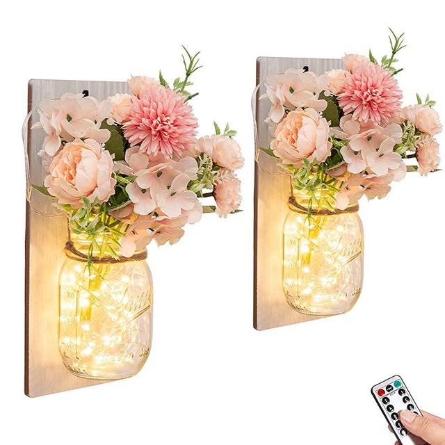 Rustic Sconce Mason Jar Wall Decor With Led Remote Control Light Hydrangea Bouquet Farmhouse Wall Lights Decor Hanging Home Decoration Wall Living Room Mason Jar Wall Lights Set of Two (Pink)