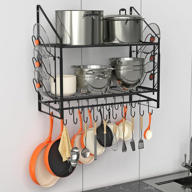 VyGrow Hanging Pot Rack 2 Tier, Pots and Pans Organizer Wall Mounted with 20 Hooks and 6 Pot Lid Holders, Heavy Duty Steel Pot and Pan Hanger for Kitchen Cookware Utensils Storage 28.5"Lx12.2"Wx26.4"H