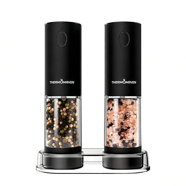 ThermoMaven Electric Salt and Pepper Grinder Set, 110ml Larger Rechargeable Automatic Salt and Pepper Mill Grinder with 6 Adjustable Coarseness, Electric Salt and Pepper Shakers, LED, Midnight Black