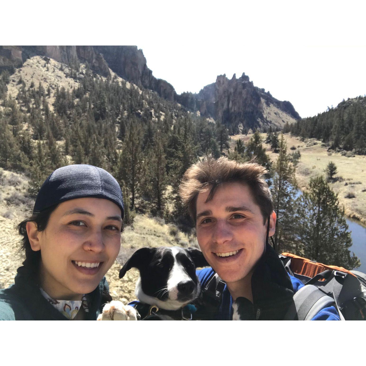 Megan and John love exploring the amazing outdoors wherever they live and scooping up Roo for a family photo. This was at Smith Rock in OR!