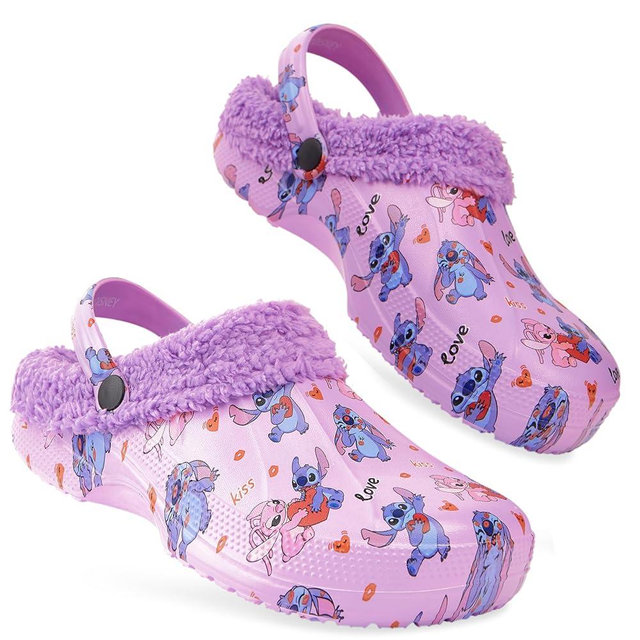 Disney Stitch Clogs for Women Winter Fleece Lining Warm Slip On Sandals Outdoor Garden Shoes with Strap Gifts for Women