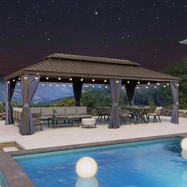 PURPLE LEAF 12' X 24' Outdoor Hardtop Gazebo Patio Wide Aluminum Frame Galvanized Steel Double Roof with Heavy Duty Netting and Curtains for Permanent Hard Top Pavilion Screen, Navy Blue