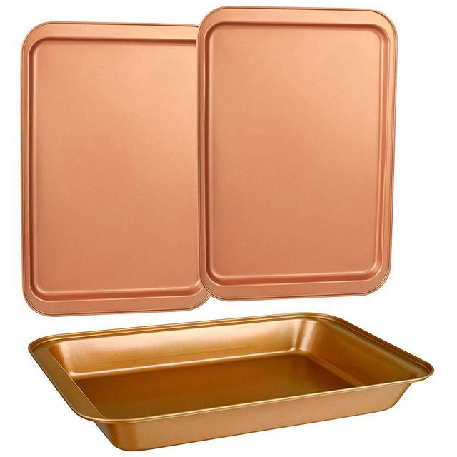 CopperKitchen Baking Pans - 3 pcs Toxic Free NONSTICK - Organic Environmental Friendly Premium Coating – Durable Quality - Rectangle Pan, Cookie Sheet - BAKEWARE SET (3)