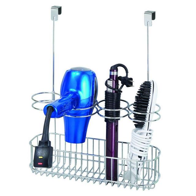 mDesign Over Door Bathroom Hair Care & Styling Tool Organizer Storage Basket for Hair Dryer, Flat Iron, Curling Wand, Hair Straighteners, Brushes - Hang Inside or Outside Cabinet Doors - Chrome