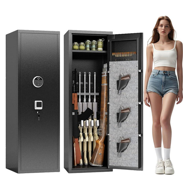 10-15 Gun Safe Cabinet for Rifles and Pistols with 3 Pistol Pouches, Quick-Access Biometric Lock, Heavy-Duty Construction, Adjustable Shelves, Perfect for Home Security of Firearms and Accessories