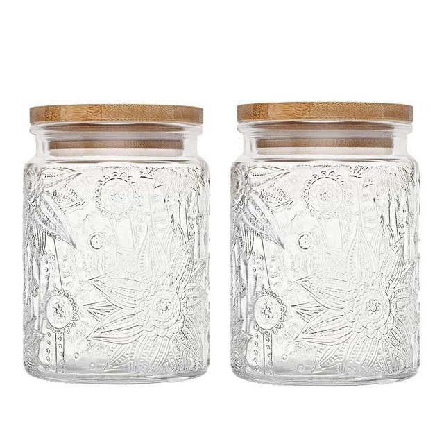 Vintage Glass Airtight Storage Jar with Airtight Bamboo Lid, 24 Oz Kitchen Glass Food Storage Containers for Candy, Coffee Tea Beans, Oats,Flour, Grains,Cute Food Storage Jar 2 Pack (Sunflower)