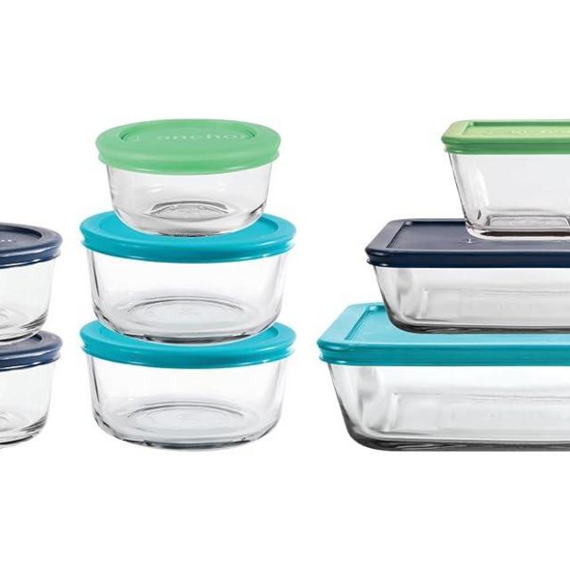 Anchor Hocking SnugFit Glass Food Storage Containers with Lids, Mixed Blue, Large, 16 Piece