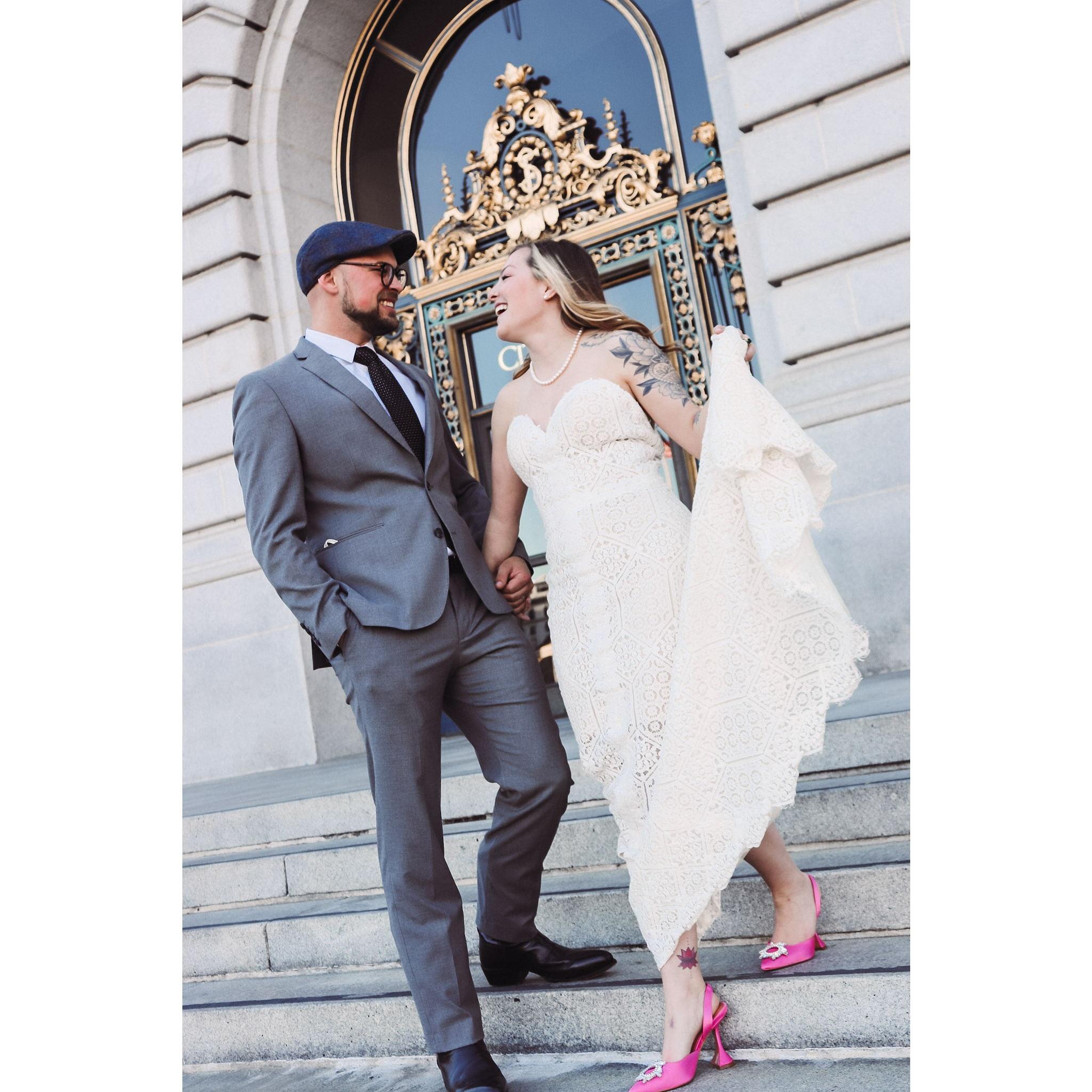 Coming down the steps, getting all the congratulation-honks from passing cars