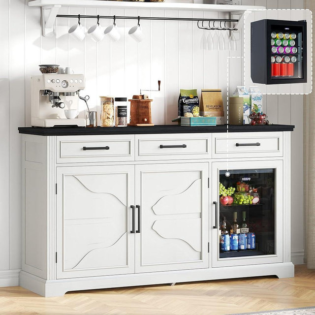 LUXOAK 60" Farmhouse Coffee Bar Cabinet with Beverage Fridge (Included), Wine Bar Cabinet with Drawer Storage, Mini Fridge Cabinet, Sideboard Cabinet for Dining Room, Living Room-White