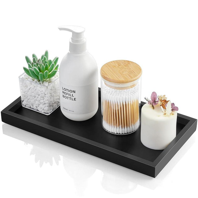 ALELION 11.7" Bathroom Vanity Tray for Counter - Black Wood Decorative Tray for Toilet Tank Makeup Perfume Jewelry Catchall Coffee Table - Wooden Kitchen Countertop Organizer for Soap Dispenser