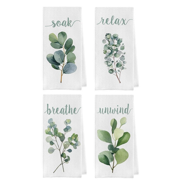 Geqtt Botanical Plant Dish Towels Set - Boho Eucalyptus Waffle Weave Kitchen Towels, Relax Soak Unwind Breathe Hand Towel Decorative for Bathroom, Gifts for Plant Lovers (16×24 Inches Set of 4)