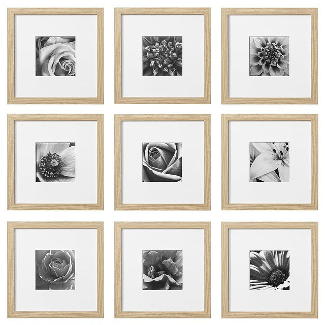 eletecpro 10x10 Picture Frames Set of 9 Classic Gallery Wall Frame Set Displays 5x5 Photo with Mat or 10x10 without Mat, Square Picture Frames Collage Wall Decor, Natural Modern Home Decor for Hanging
