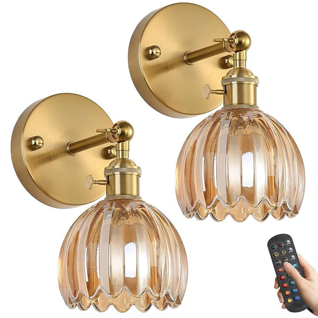Battery Operated Wall Sconce Set of 2 with Amber Floral Glass Shade Vintage Wireless Wall Light with Remote Control for, Living Room, Bedroom, Dressing Table and Bathroom Timer/Memory Function/Dimmer