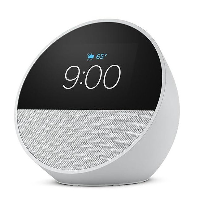Like-New Amazon Echo Spot (newest model), Great for nightstands, offices and kitchens, Smart alarm clock with Alexa, Glacier White
