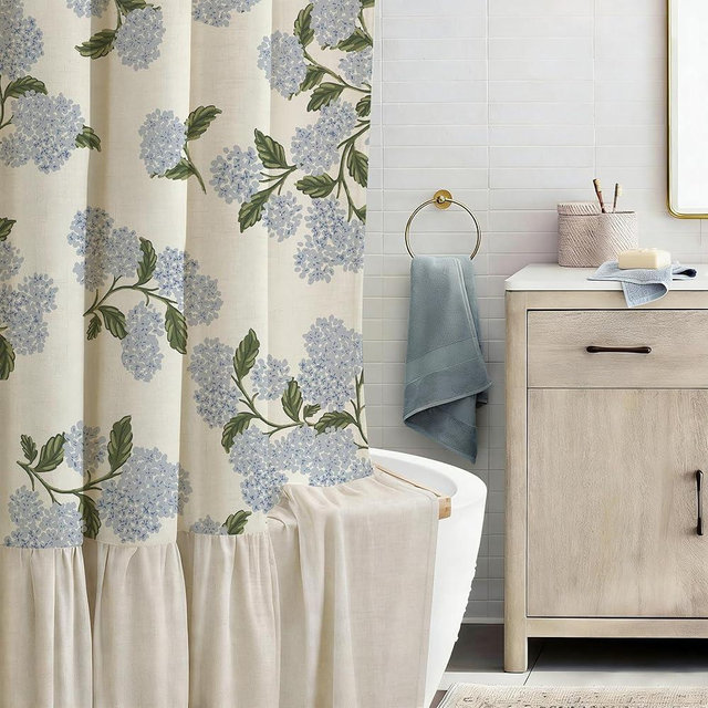 ORTIGIA Linen Textured Ruffle Shower Curtain with Metal Hooks, Vintage Blue Floral Hydrangea Boho Waterproof Bath Curtain for Rustic Farmhouse Bathroom Decor 72x72 Inch