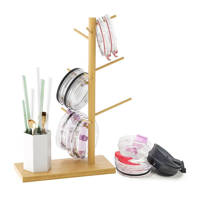 XYJunTech Tumbler Lid Organizer, Cup Lid Organizer With Straw Organizer, Hangable Cup Lid Tree Holds Up To 24 Lids, Tumbler Lid Holder For Cabinet Clutter-Free And Countertops Organization