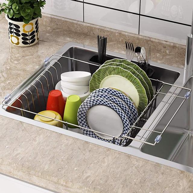 Dish Drying Rack, 1Easylife Expandable Over The Sink Dish Drainer Dish Rack in Sink or On Counter with Utensil Silverware Storage Holder for Kitchen Organizer Storage Space Saver Shelf