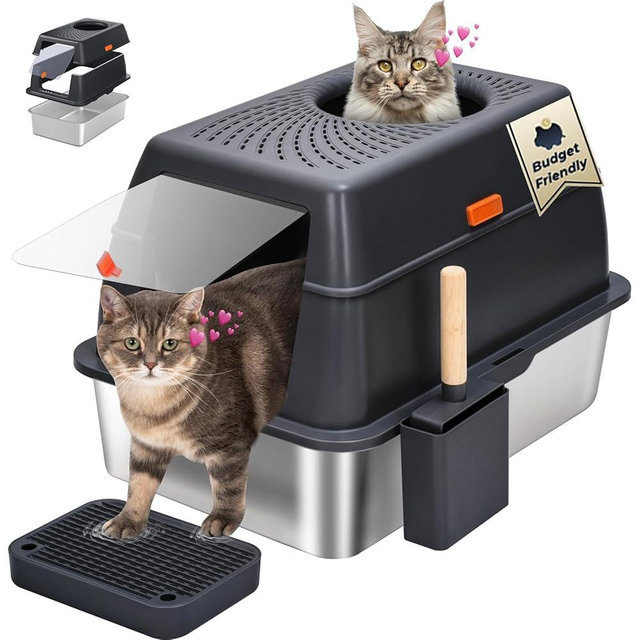 Stainless Steel Litter Box with Lid, SUS304 Metal Cat Litter Box, Enclosed Extra Large Kitty Litter Box High Wall, Jumbo Cat Litter Box with Triple Pedal, Non-Sticky, Anti-Leakage (XL Black)