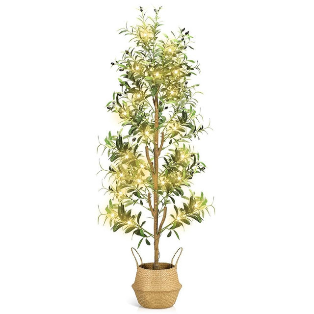 TNELTUEB Faux Olive Tree 6FT - Indoor Tall Artificial Olive Trees with Planter & Basket and Lights, Artificial Plants with Natural Wood Trunk and Realistic Fruits for Home Living Room Office Decor