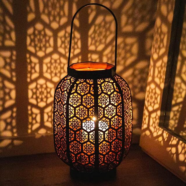 Large Moroccan Lantern Candle Indoor /Outdoor. Beautiful Moroccan Lantern Décor for Home. Moroccan Garden Lanterns. Candle Impressions. Decorative Lanterns for Patio. Black Burnt Orange 11x7x7.