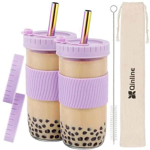 Reusable Boba Cup Bubble Tea Cup 2 Pack, 24Oz Wide Mouth Smoothie Cups with Lid, Silicone Sleeve & Angled Wide Straws, Leakproof Glass Drinking Water Bottle Travel Tumbler Jar Gift Set for Large Pearl