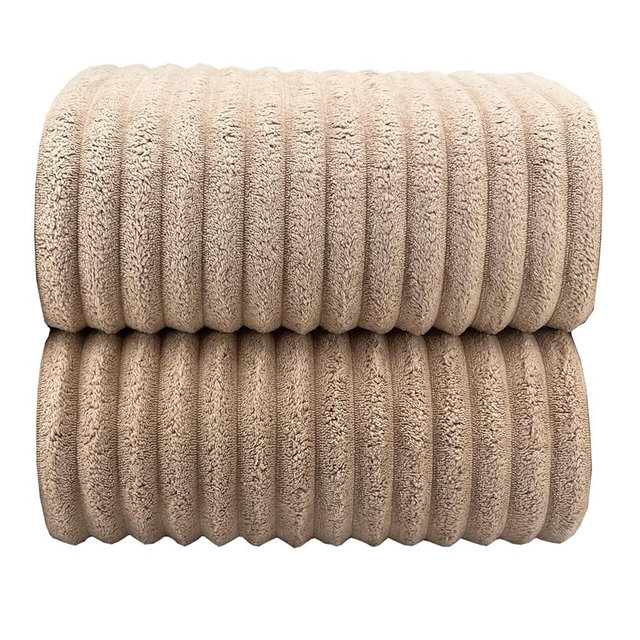 YTYC 39x78 Inches Oversized Bath Sheets Towels Set Large Shower Towels for Bathroom Luxry Plush Super Soft Absorbent Stripe Hanging Loop Microfiber 80% Polyester (Beige, 2PCS)