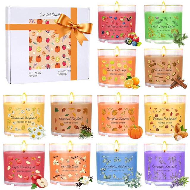 Fall Candles Bulk, 12 Pack Scented Candles for Home, Candle Set for Women, Small Soy Candles Scent of Pumpkin Vanilla Caramel Lavender, Mini Candle Gift Set for Birthday Halloween Christmas Birthday