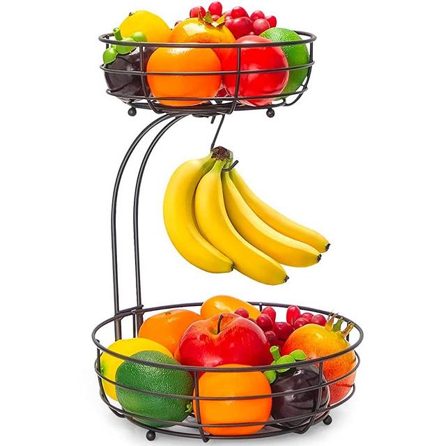 Auledio 2-Tier Countertop Fruit Vegetables Basket Bowl Storage With Banana Hanger, Brone
