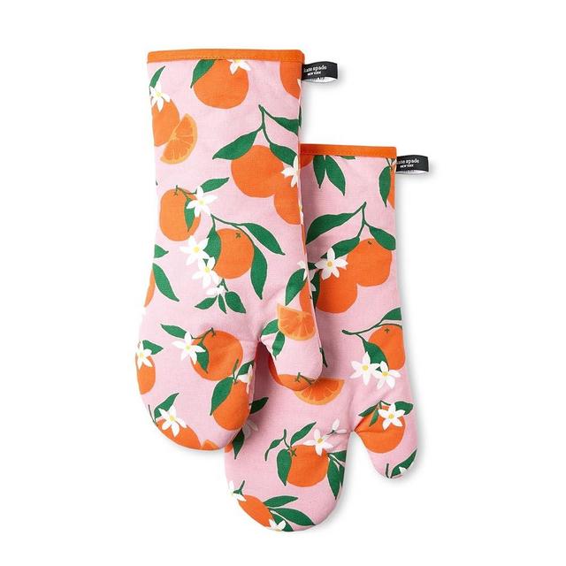 KATE SPADE NEW YORK Squeeze The Day Oven Mitt 2-Pack Set, Heat Resistant, 100% Cotton, Orange/Pink, 7"x13"