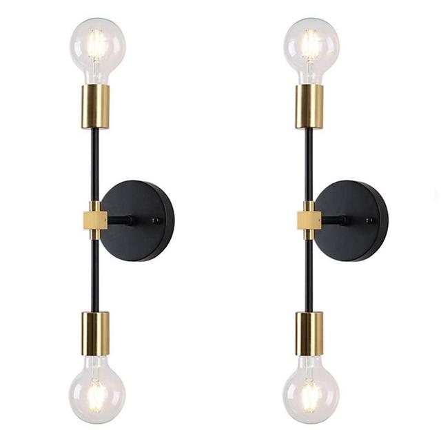 EFINEHOME 2 Light Wall Sconce- Minimalist Matte Black Vanity Lighting Fixtures- 2 Bulb Modern Mid Century Industrial Wall Light Indoor Decoration (2 Pack Black+ Gold)