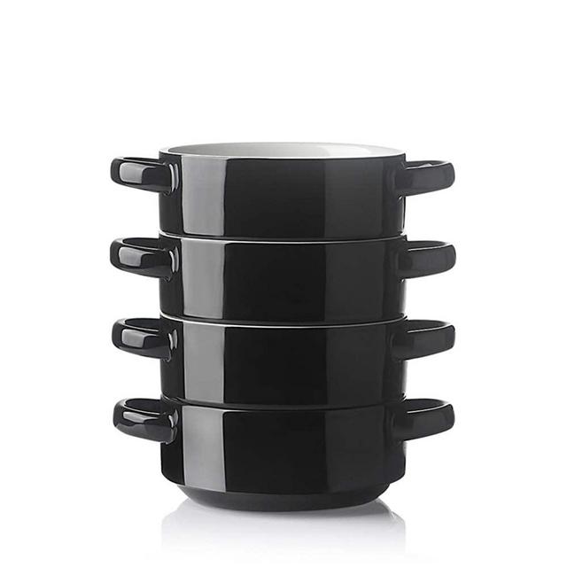 SWEEJAR Ceramic Soup Bowl with Double Handles, 20 Oz Stacked Bowls for French Onion Soup, Cereal, Pot Pies, Stew, Chill, Pasta, Set of 4 (Black)