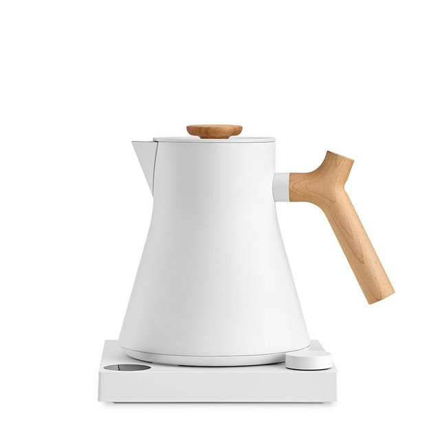 Fellow Corvo EKG Pro Electric Tea Kettle - Quick Heating, Precise Temperature Control Electric Kettle, Scheduling, Built-in Brew Timer for Boiling Water - Matte White with Maple Handle - 0.9 Liter