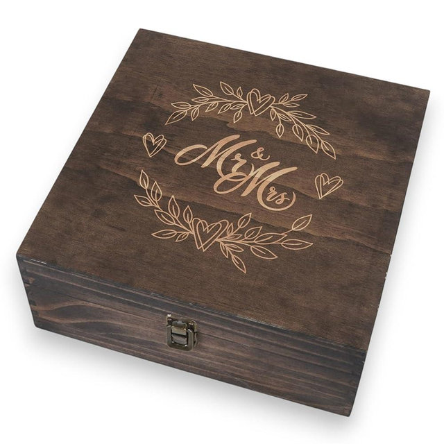 Mr and Mrs Wedding Memory Box- Wooden Keepsake Box with Lid for Couples, Rustic Storage Box for Cards, Photos & Mementos, Valentine’s Day, Wedding Anniversary & Engagement Gift- 11.4x11.4x4.5 Inches