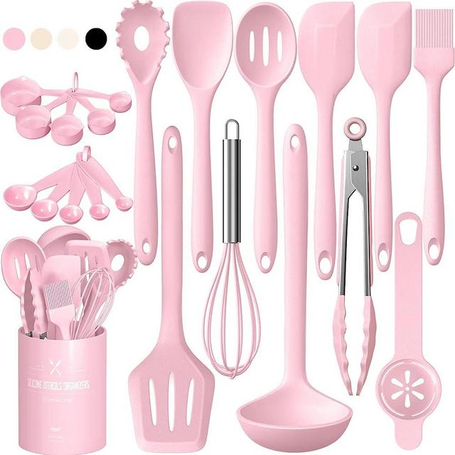 Kitchen Utensils Set, Umite Chef 22Pcs Silicone Cooking Utensils Set, Heat Resistant Silicone Kitchen Spatulas Set with Holder, Cooking Gadgets Tools Set for Nonstick Cookware, Dishwasher Safe(Pink)