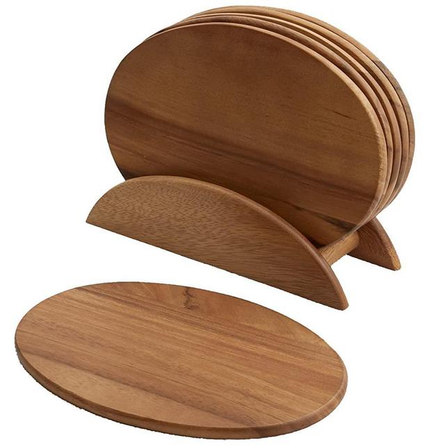 6 Acacia Wood Serving Boards with Stand, Perfect for Serving, Sushi, Cheese, Hors d'oeuvre, Charcuterie, Sandwiches by Woodard & Charles, 7 Piece Set, 9 1/2" x 6 1/2"