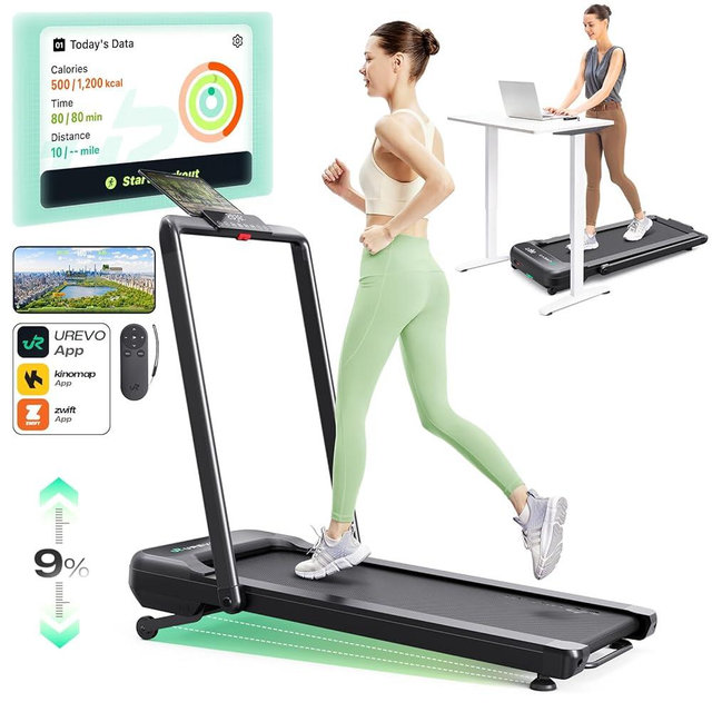 Smart Treadmill with 9% Auto Incline, Hiking and Running Walking Pad Treadmills for Home Office, Treadmill with UREVO APP, AI Powered Music Course, HIIT Programs Synced to Scenic Route, One-Click Mute