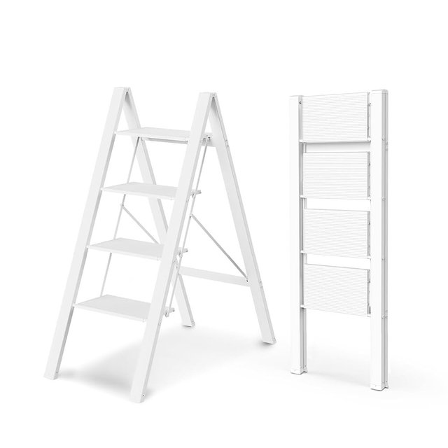 WOA WOA 4 Step Ladder, Foldable Step Stool, Aluminum Lightweight Ladder for Home Kitchen Closet, Anti-Slip Pedals, Ease of Folding, Portable, 300lbs Capacity - White