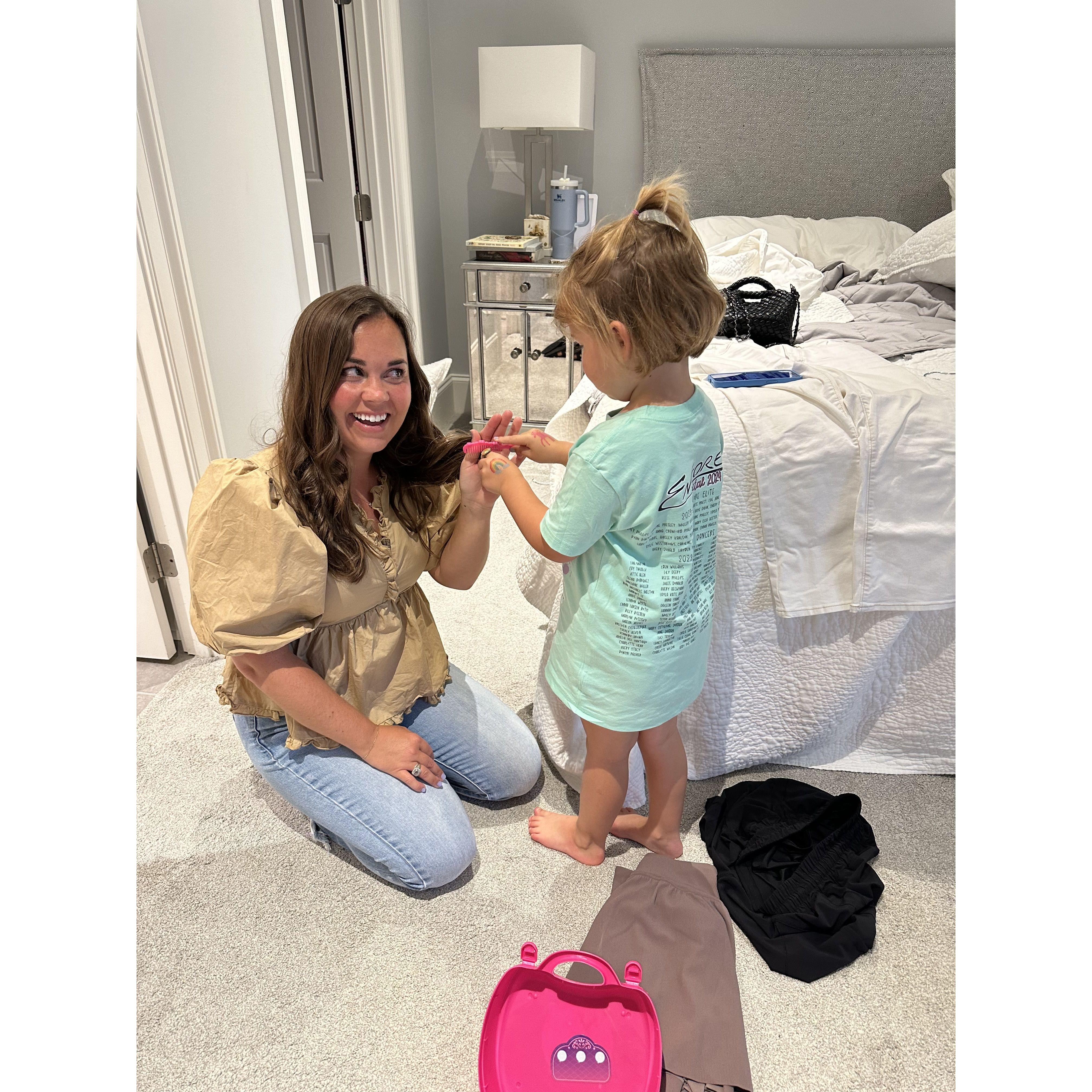 Mac helping Aunt Ans get ready for her second date with DeFoe. She said a date is where a guy takes you to do something fun like go to Costco or go to the playground <3